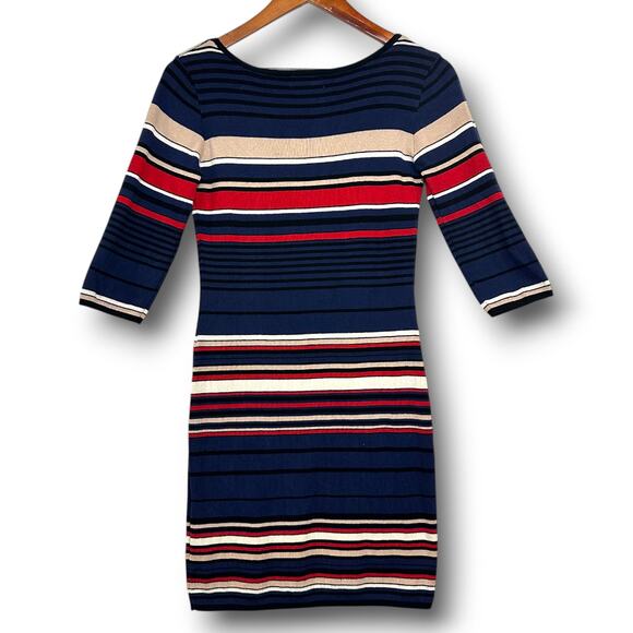 Apricot 6 Small Striped 3/4 Midi‎ Scoop Neck Colorful Dress Stretch Retro Formal - Picture 3 of 10